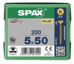 Spax Pozi Drive Countersunk Z2 Yellow Wood Screws 5.0 x 50mm, Box of 200