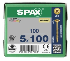 Spax Pozi Drive Countersunk Z2 Yellow Wood Screws 5.0 x 100mm, Box of 100